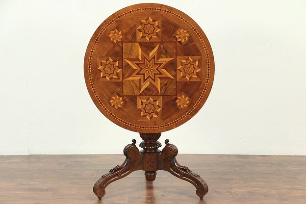 Black Forest Antique Marquetry Tilt Top Game, Tea, Hall or Lamp Table #29161 photo