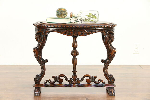 Walnut Antique Oval Chairside or Small Coffee Table, Carved Figures #30274 photo