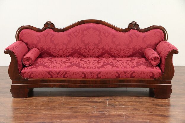 Empire Antique 1840 Carved Mahogany Sofa, New Upholstery & Bolsters #29748 photo