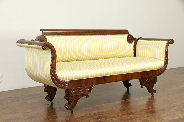 Empire Antique 1825 Acanthus Carved Mahogany Sofa, Recent Upholstery #31579 photo