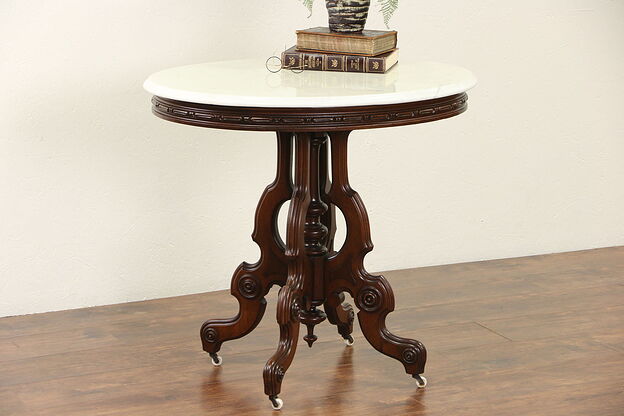 Victorian 1875 Antique Marble Top Walnut Parlor Lamp Table photo