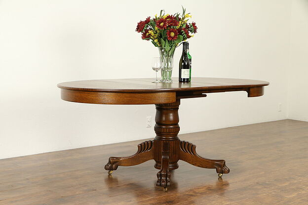 Round 42" Oak Antique Dining Table, 3 Leaves, Lion Paw Feet, Extends 6' #31723 photo