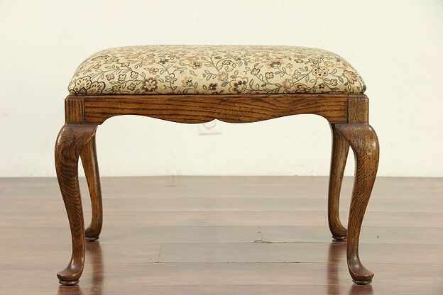 Oak Carved Vintage Bench or Stool, New Upholstery, Signed Drexel Heritage #30069 photo