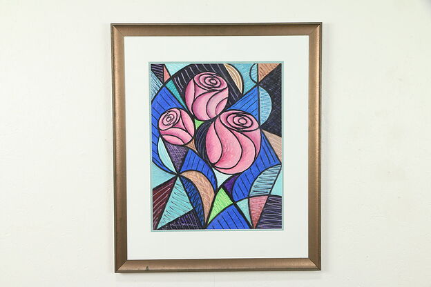 Three Roses, Original Oil Pastel Painting, Custom Frame, Bruce Bodden #30947 photo