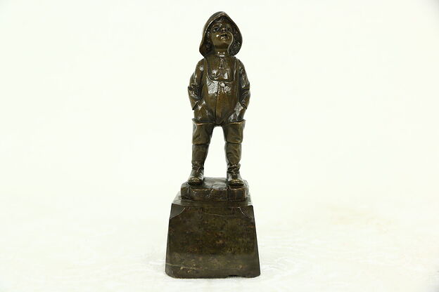 Bronze Antique Statue of a Boy wearing Hat & Rainboots, Marble Base photo