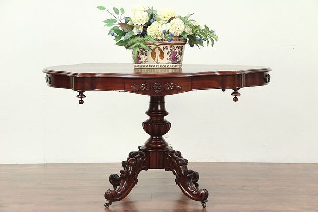 Victorian Antique Mahogany Turtle Top Hall Center or Lamp Table, France #29186 photo