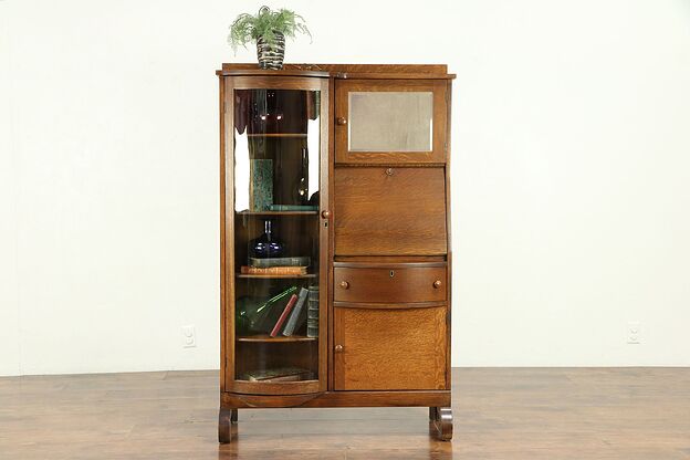 Oak Antique Side By Side Secretary Desk & Bookcase, Curved Glass #30691 photo