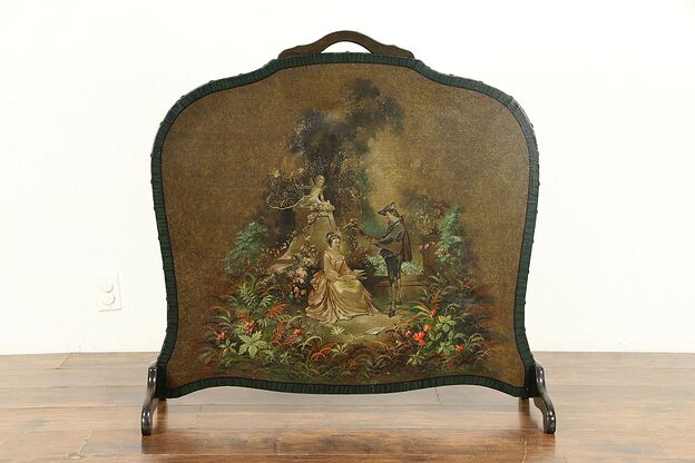 Fireplace Screen Antique Hand Painted Garden Courting Scene #30954 photo