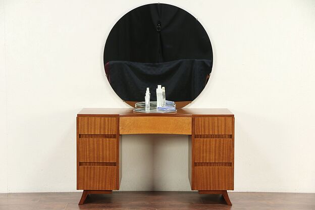 Midcentury Modern Desk or Vanity & Mirror, 1960 Vintage Curly Maple RWay #29523 photo