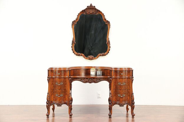 French Style Antique Carved Vanity or Dressing Table & Wall Mirror #29580 photo