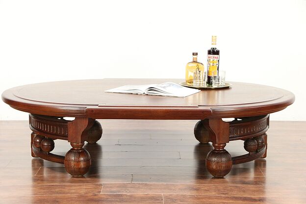 English Tudor Oval Antique Carved Oak Giant Coffee Table #29938 photo