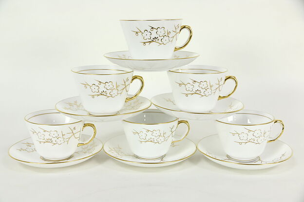 Set of Six Cups and Saucers, Spode Blanche de Chine Pattern, Gold and White photo