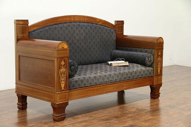 Empire Danish Antique Hall Settee, Loveseat Banquette, Mahogany Marquetry #30251 photo