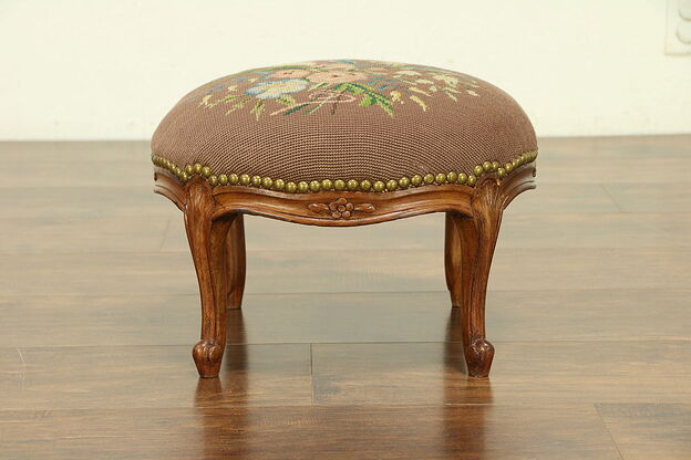 French Antique Round Carved Fruitwood Footstool, Needlepoint Upholstery #30325 photo