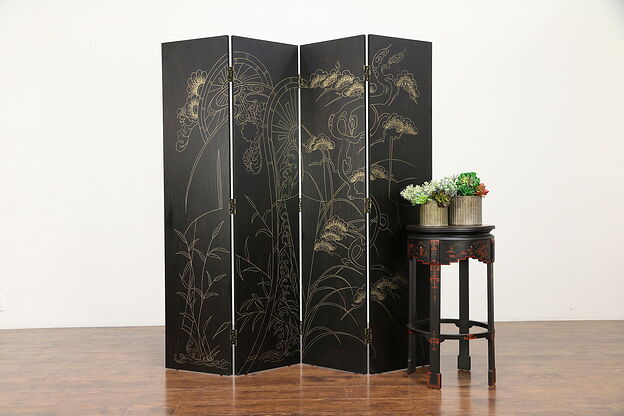 Black Lacquer Hand Painted Vintage 4 Panel Chinese Screen #30639 photo