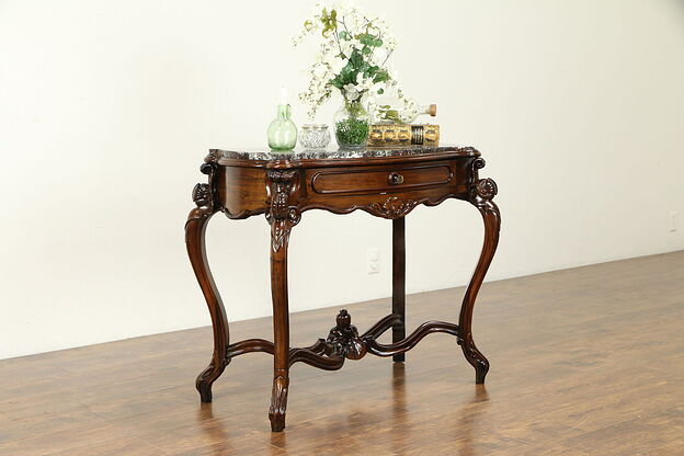 Victorian Antique Rosewood Parlor Lamp or Hall Console Table, Red Marble #31370 photo