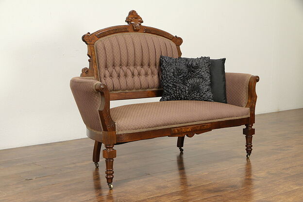 Victorian Antique Carved Walnut & Burl Loveseat, Tufted Upholstery #31836 photo