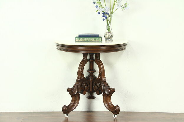Victorian 1860 Antique Half Round Demilune Hall Console Table, Marble Top photo