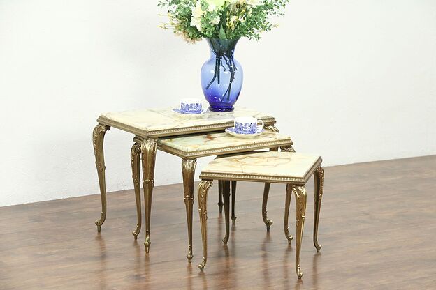 Set of 3 Vintage Brass Nesting Tables, Onyx Tops, Italy #28731 photo