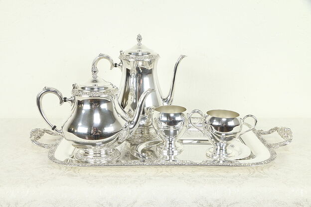 Silverplate Vintage Tea & Coffee Set, Tray, Henley by Oneida & Blankinton #30970 photo