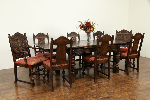 English Tudor Antique Carved Oak Dining Set, Table & Leaves, 8 Chairs #32006 photo