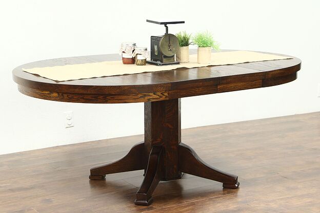 Round Solid Oak 1910 Antique 45" Craftsman Dining Table, 2 Leaves photo