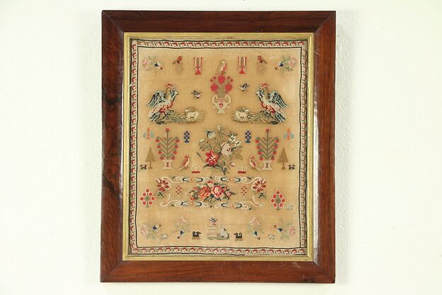 Sampler, 1830's Antique Hand Stitched Birds, Dogs & Flowers, England #28944 photo