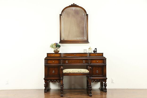 English Tudor Style Antique 1920 Walnut Dressing Table, Bench & Mirror #31131 photo