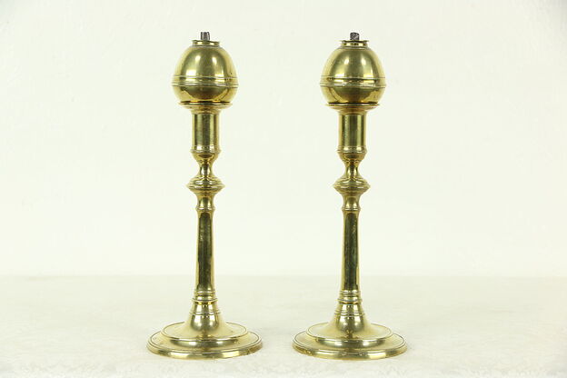 Pair of Brass Antique 1850 Candlesticks with Whale Oil Lamp Burners, Newport RI photo