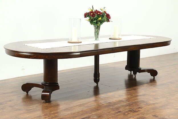 Empire Round 54" Antique 1900 Oak Dining Table, 6 Leaves, Extends 10' 6" #28598 photo