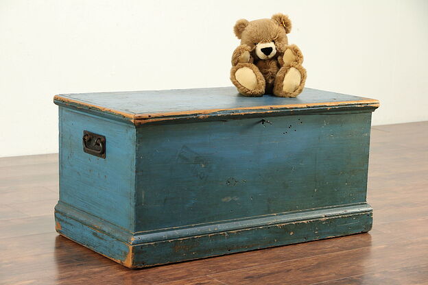 Country Pine Antique Blanket Chest or Trunk or Coffee Table, Blue Paint #29983 photo