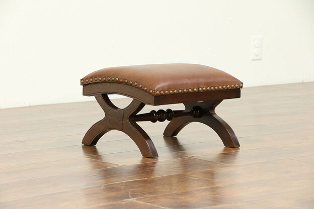 Victorian Antique 1880 Walnut Foot Stool, Leather Upholstery #30465 photo