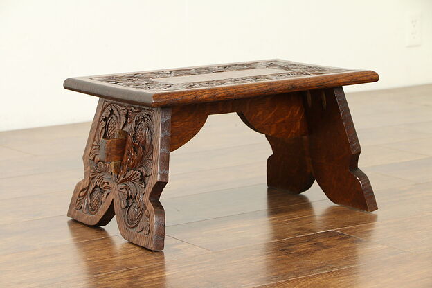 Carved Oak Antique English Tudor Design Footstool #30874 photo