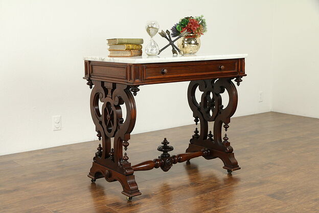 Victorian Renaissance Antique Walnut Lamp Table or Desk, Marble Top #31371 photo
