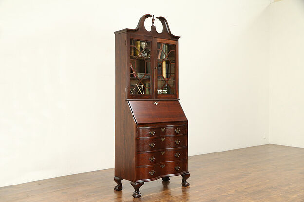 Traditional 1930's Vintage Carved Mahogany Secretary Desk & Bookcase #30856 photo