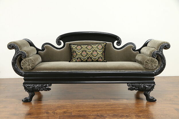 Empire Antique 1825 Sofa, New Mohair Upholstery, Ebonized Finish #31416 photo