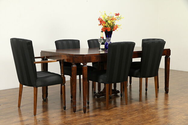 French Art Deco Antique Rosewood Dining Set, 6 Chairs, Table & Leaf #31816 photo