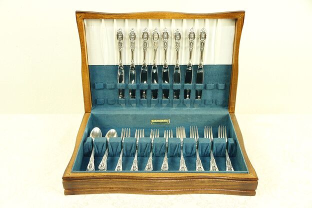 Set Sterling Silver for 8, 32 Pc Wallace Rose Point & Chest  #30132 photo