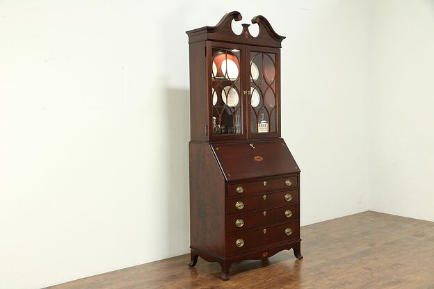 Jasper Vintage Secretary Desk & Lighted Bookcase, Mahogany & Marquetry #30670 photo