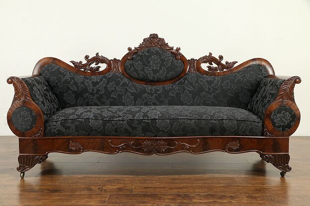 Empire Victorian Transitional Carved Mahogany Sofa, New Upholstery #32087 photo