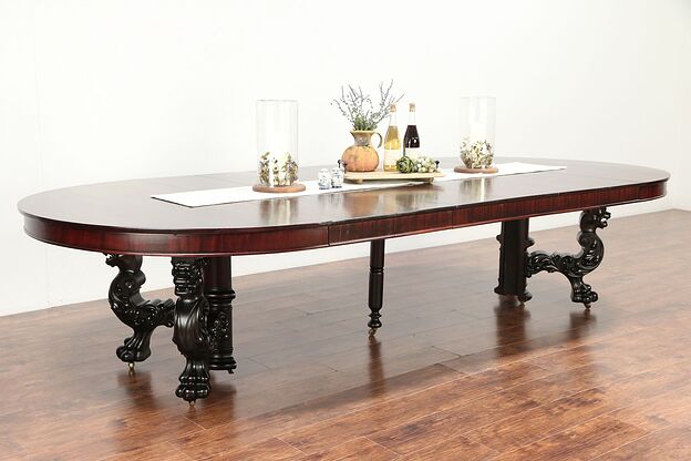 Empire Antique 5' Round Carved Griffins Mahogany Dining Table Extends 12' #29779 photo