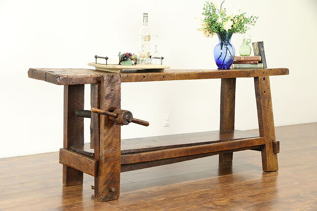 Primitive Antique Carpenter Workbench, Hall, Sofa, Wine Table, Wood Screw #31045 photo