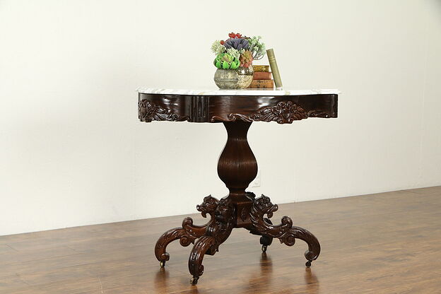 Victorian Antique Rosewood Lamp or Hall Table, Marble, Carved Dragons #31650 photo
