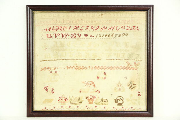 Sampler, Antique Hand Stitched in Frame, Signed Fannie photo