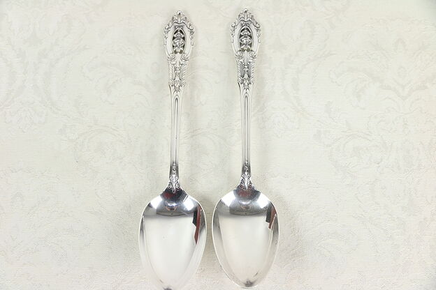 Pair Sterling Silver 8" Serving or Table Spoons, Rose Point by Wallace #30138 photo