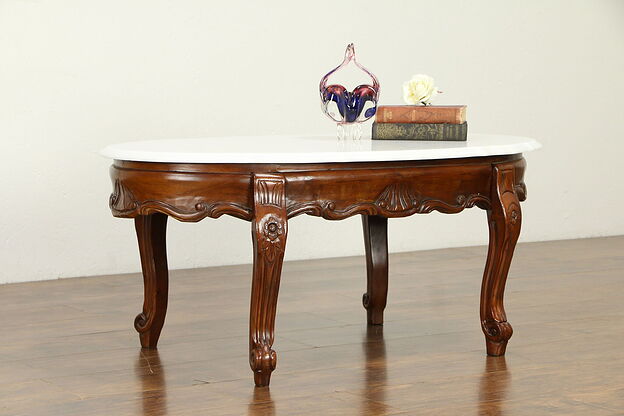 Victorian Design Vintage Carved Mahogany Coffee Table, Marble Top #31572 photo