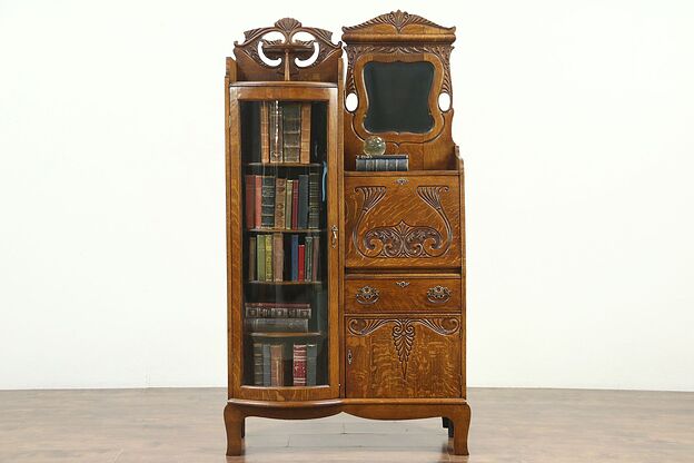 Victorian Oak Antique 1900 Side by Side Secretary Desk & Curved Glass Bookcase photo