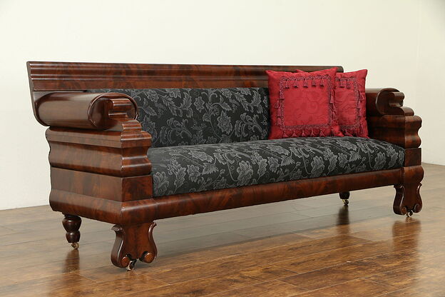 Empire Antique 1825 Flame Mahogany Classical Sofa, New Black Upholstery #30848 photo