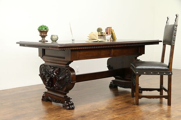 Italian Renaissance Antique Library Desk or Dining Table, Lions & Paws  #31372 photo