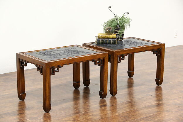 Pair of Chinese Modern 1960's Vintage Lamp or End Tables, Cultured Stone Tops photo